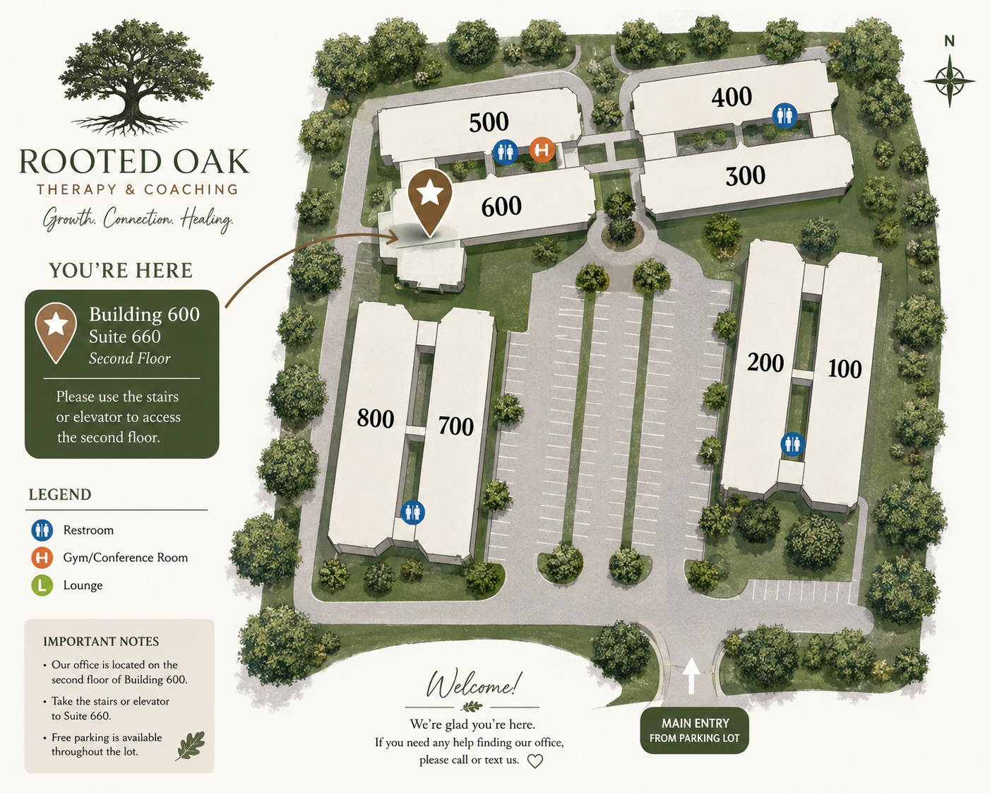 Parking and building map for Rooted Oak Therapy and Coaching, showing the main parking lot entrance and the office in Building 600.